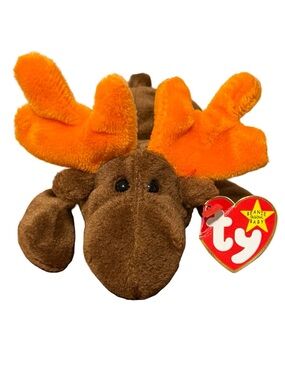 Ty Beanie Baby Chocolate Brown Moose Plush Orange Antlers Vintage Toy